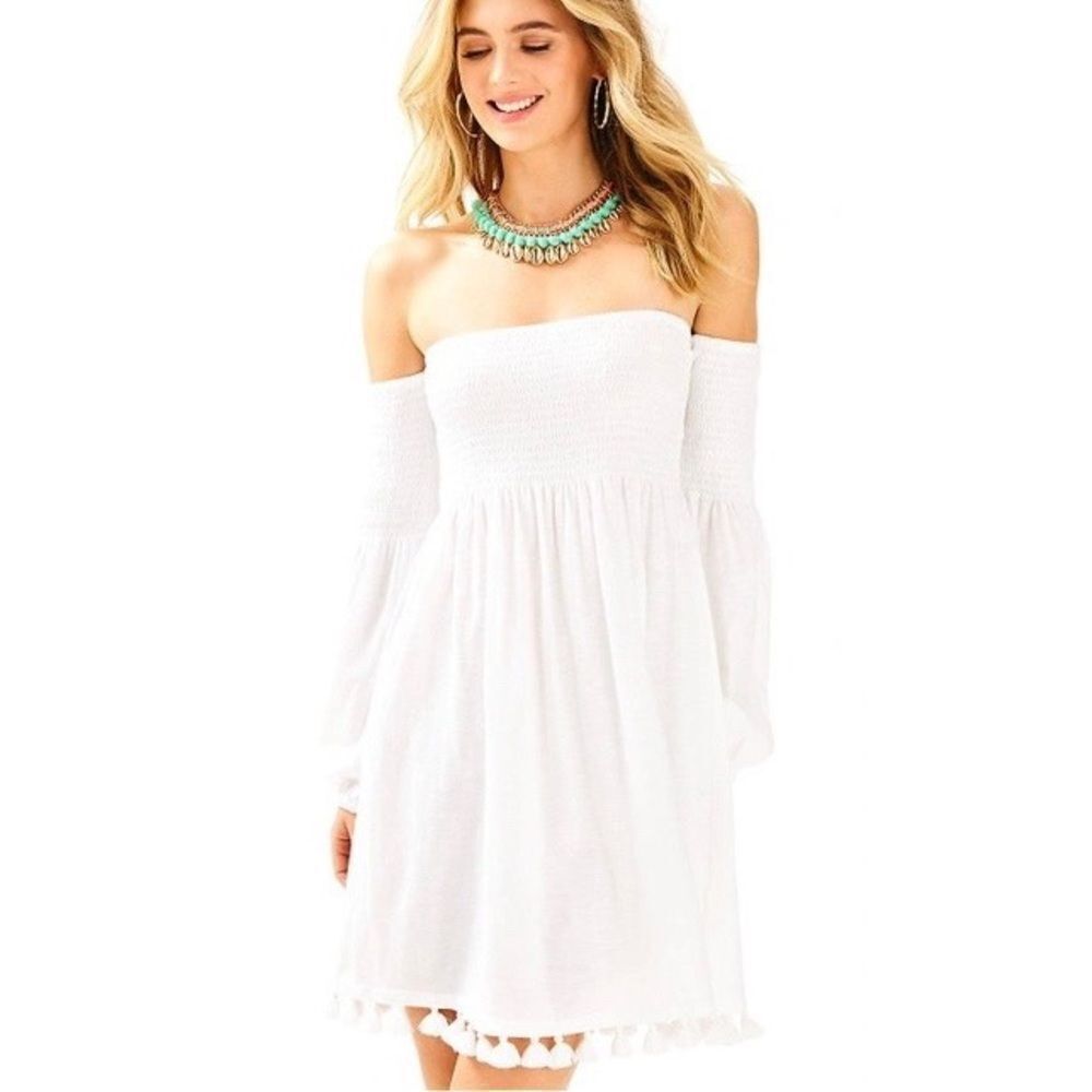 Lilly Pulitzer Trina Beach Mini Dress Smocked White Off Shoulder Size XXS - Picture 1 of 12